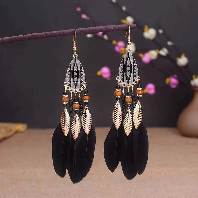 Boho Long Feather Dangle Earrings – Handmade Tassel & Enamel Flower Statement Jewelry for Women