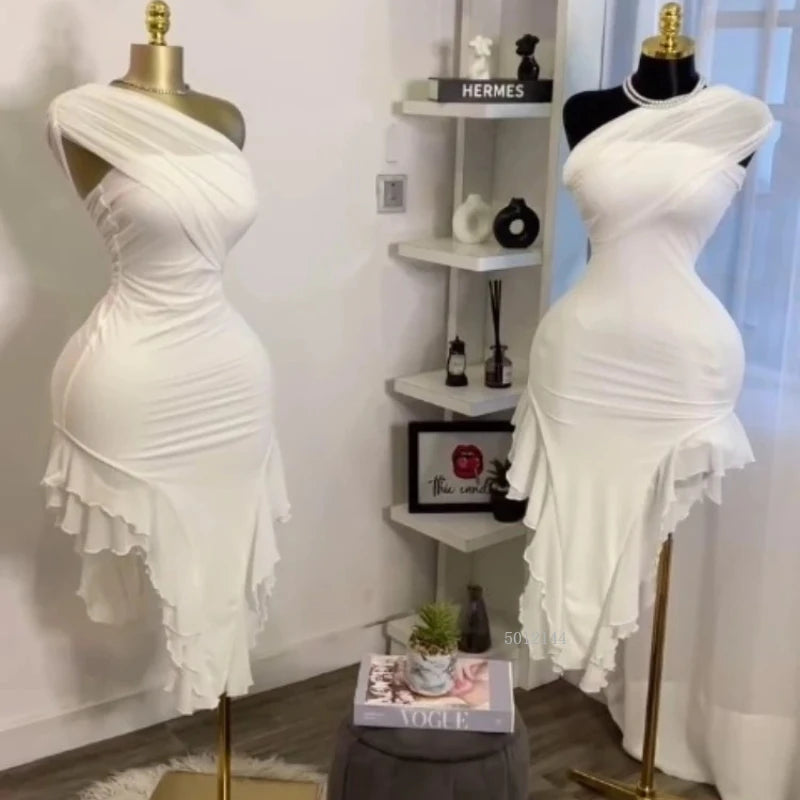 Elegant Women One Shoulder Stacked Ruched  Ruffles Asymmetrical Bodycon Midi Dress