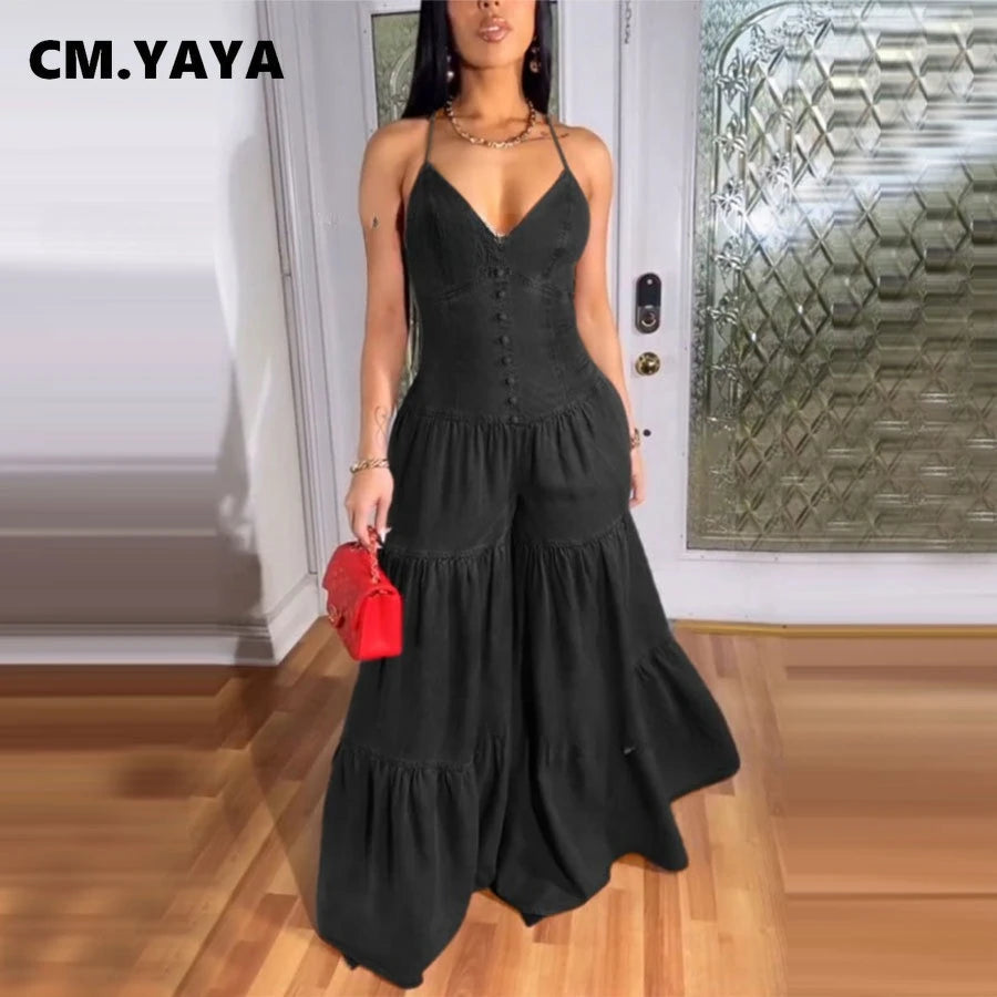 V-neck Strap Sleeveless Wide Leg Jumpsuits