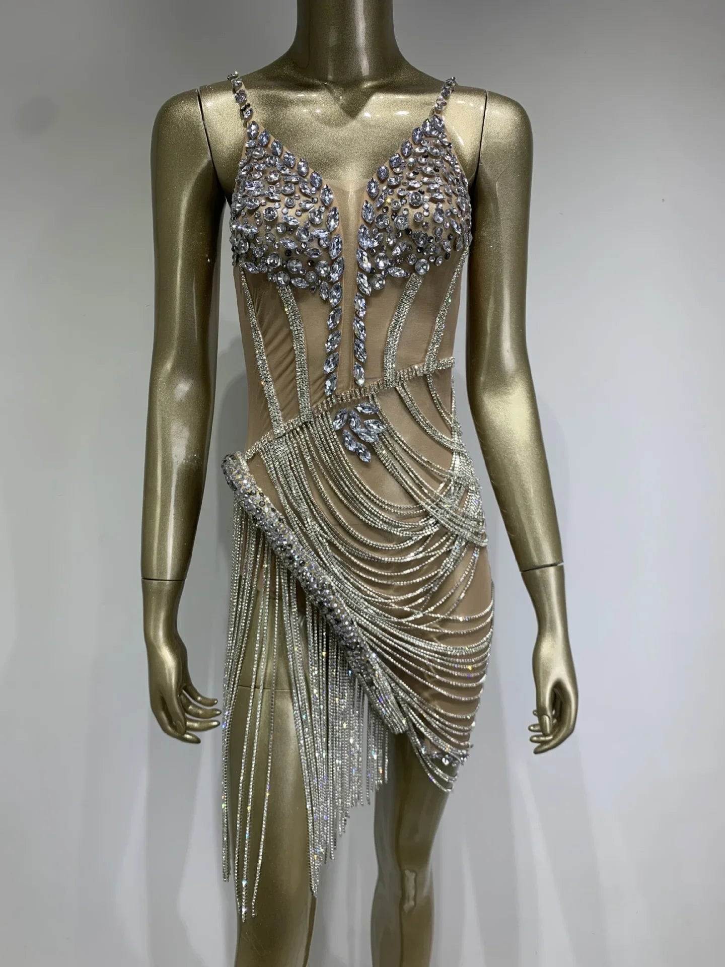 Sexy Strap V Neck Crystal Diamonds Mini Beige Mini Dress