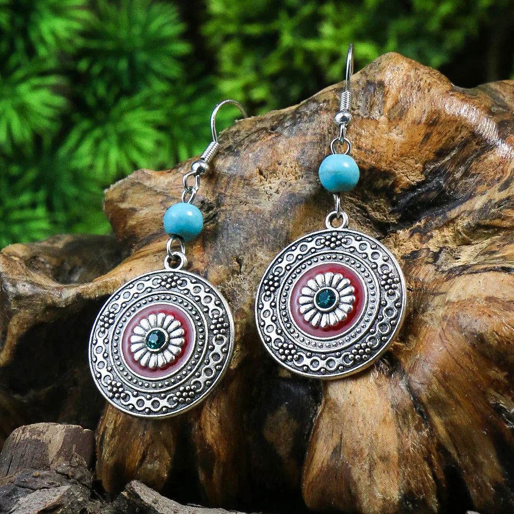 Bohemian Turquoise Vintage Geometric Drop Earrings – Alloy Oil Drop Round Stone Design