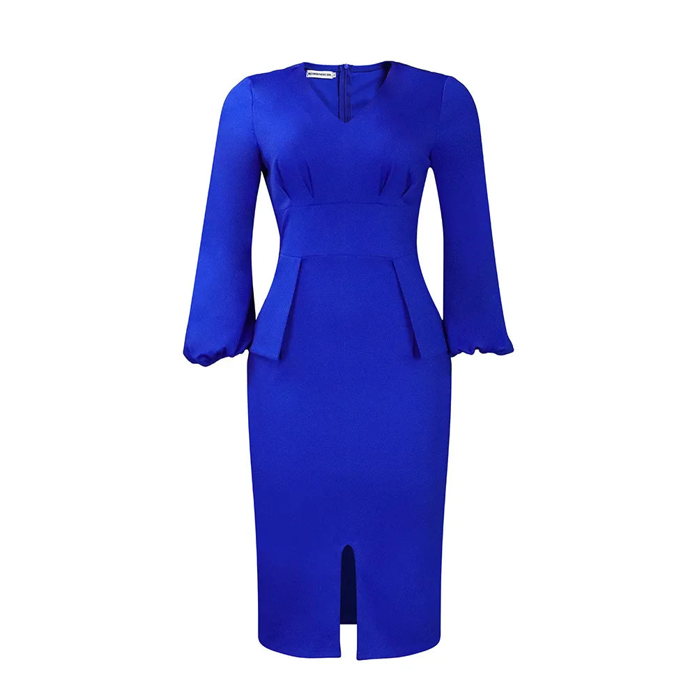 New  V-neck Puffed Sleeve Slit Dress