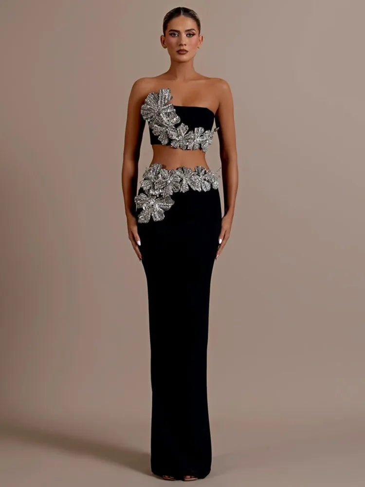 Sexy Strapless Flower Diamonds Crystal Black Maxi Long Bandage Skirt Set