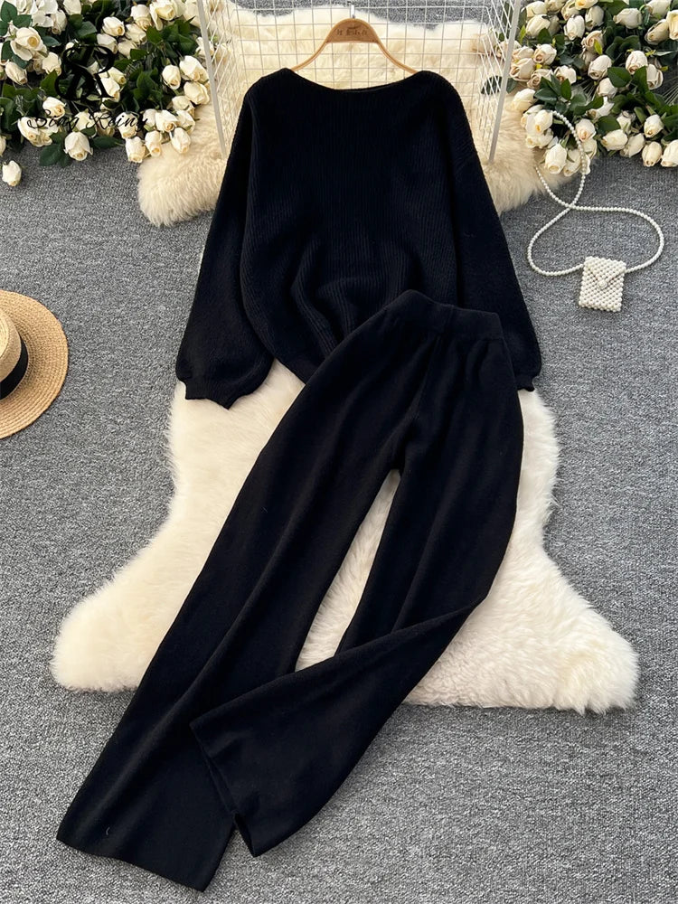 Loose Sweater Tops+High Waist Wide Legs Long Pants
