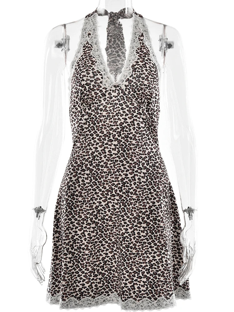 Patchwork Sexy Backless Print Leopard Lace Dress