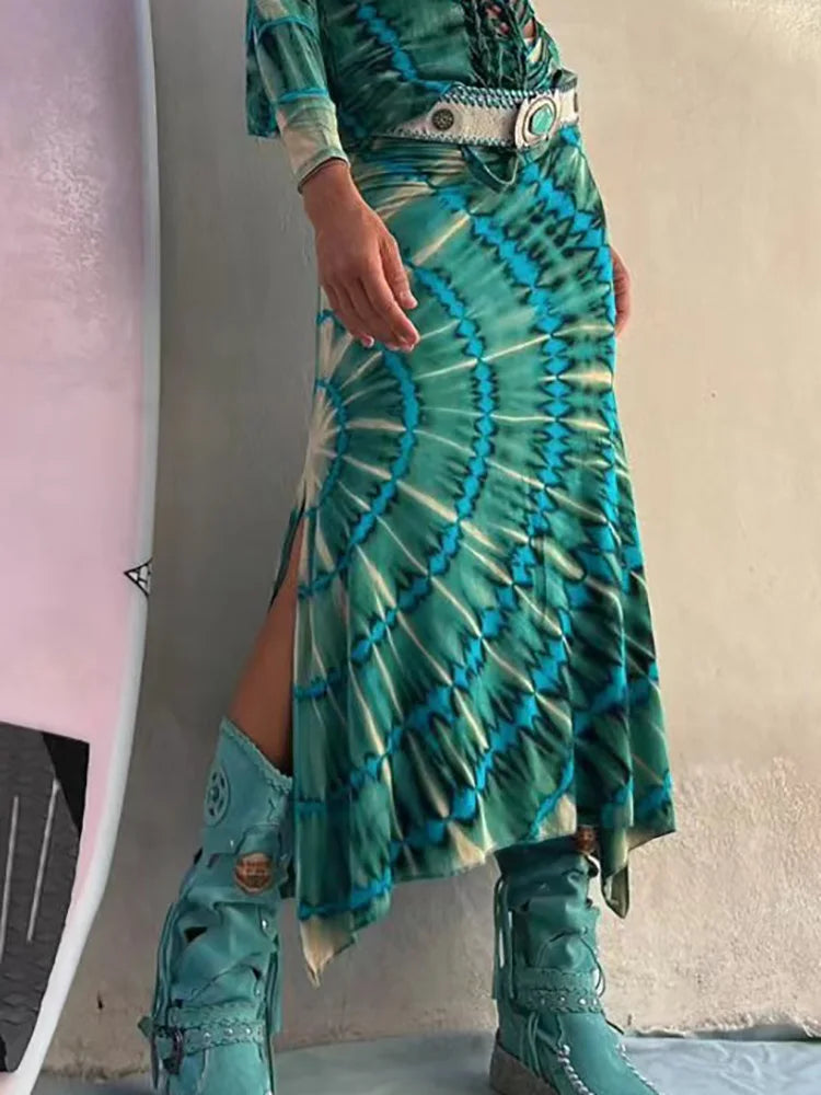 Spring Summer Printing Patchwork Maxi Skirts