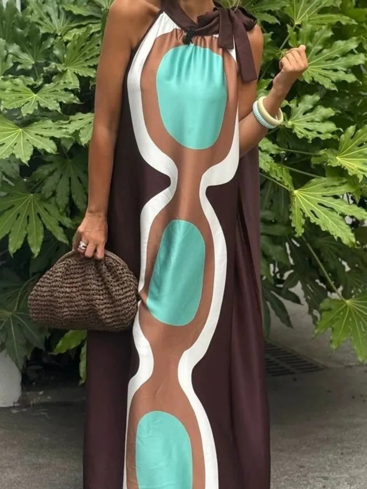 Casual Print Halter Neck Lace‑Up Maxi Dress