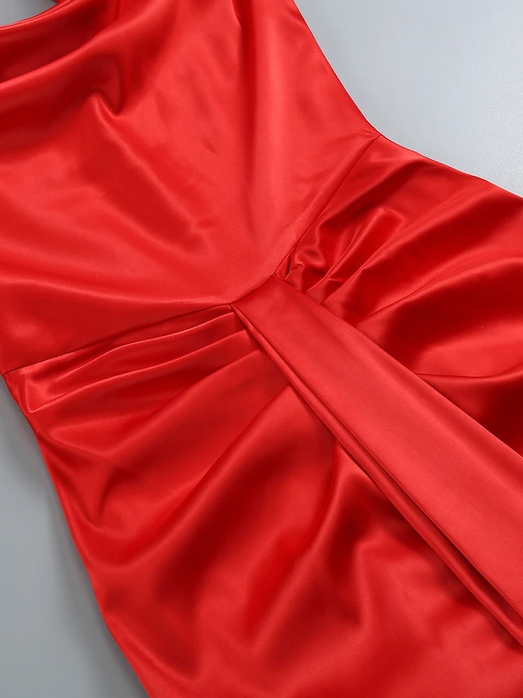 Sexy Swinging Collar Backless Pleated Red Sleeveless Draped Design Maxi Dress