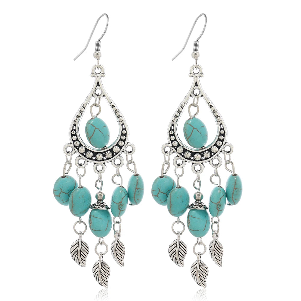 Bohemian Ethnic Style Antique Silver Color Alloy Hollow Acrylic Resin Gems Water Droplet Tassel Earrings