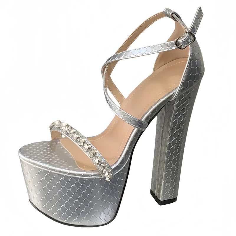 Crystal Diamond Chunky Platform Buckle Strap Shoes