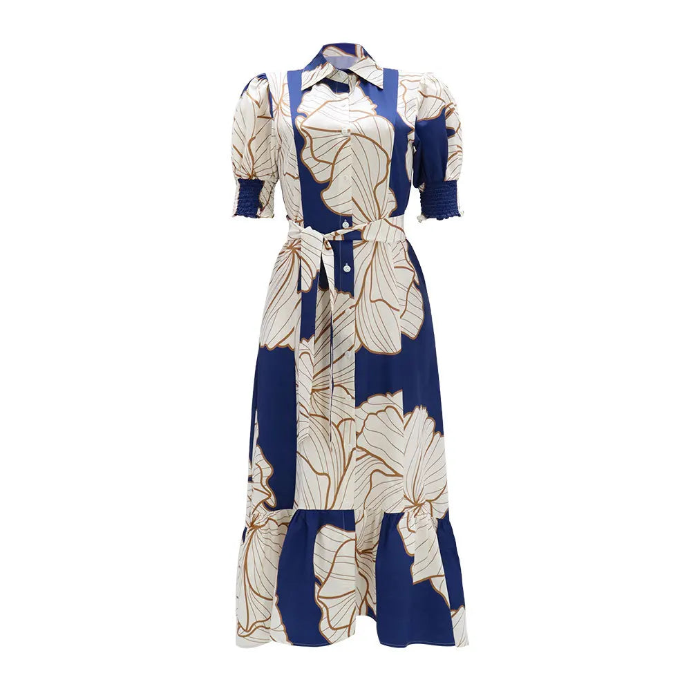 Long Print Elegant Office A Line Half Sleeves High Waist Maxi Dress