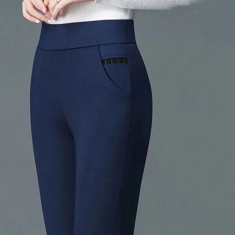 Spring and Summer High Waist Solid Print Pocket Patchwork Elastic Slim Elegant Pants