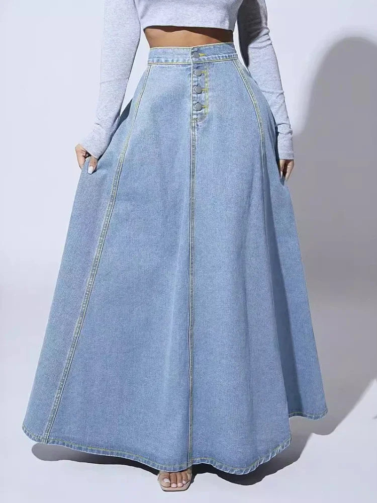 High Waist Jeans Vintage Maxi Denim Skirt