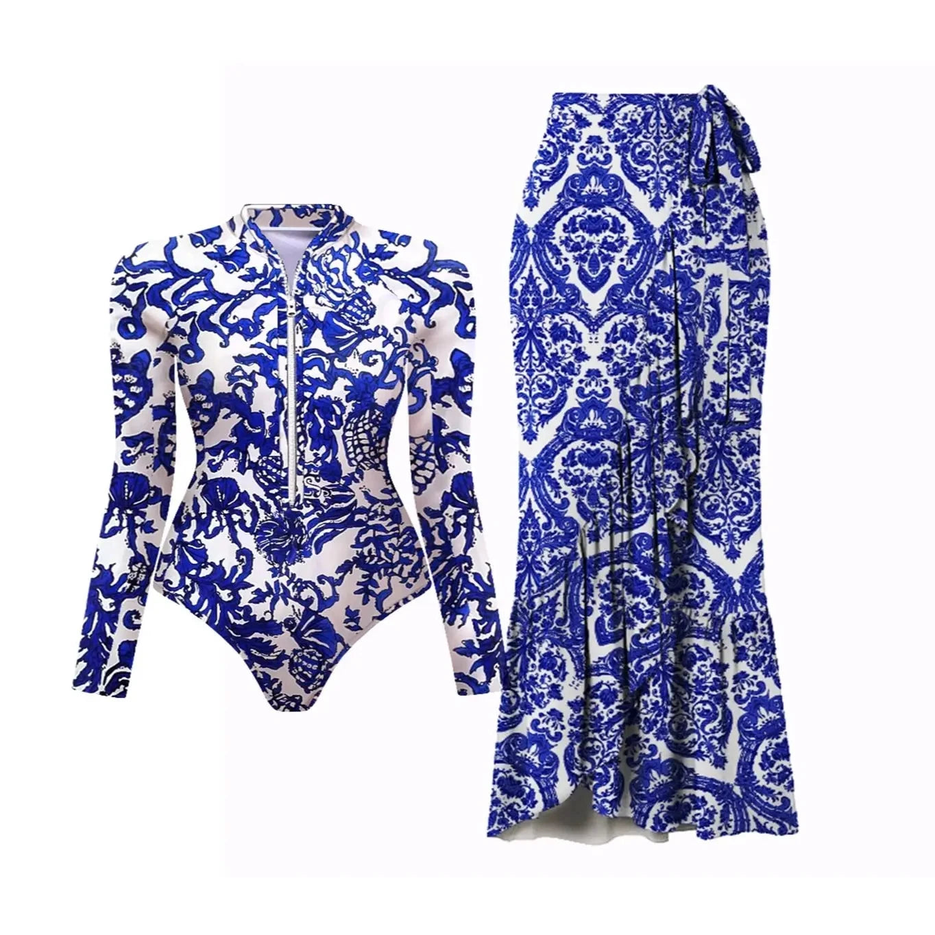 Sexy One Piece Long Sleeve Swimwear And Skirt