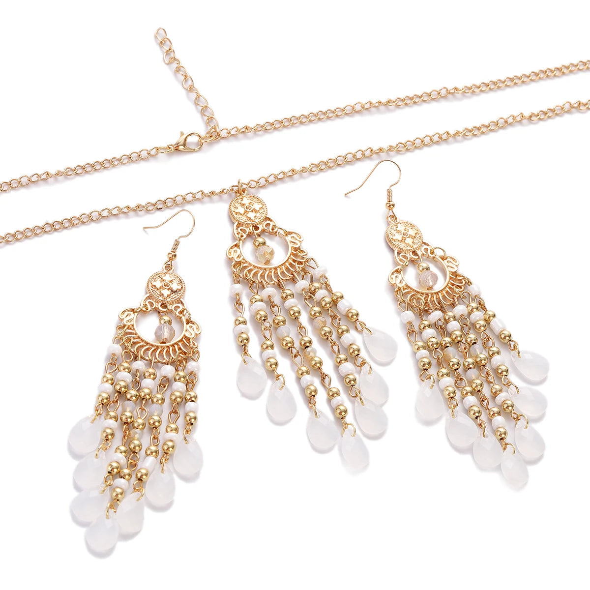 Bohemian Multicolor Crystal Long Tassel Dangle Earrings & Necklace Set – Retro Gold-Plated Geometric Wedding Jewelry