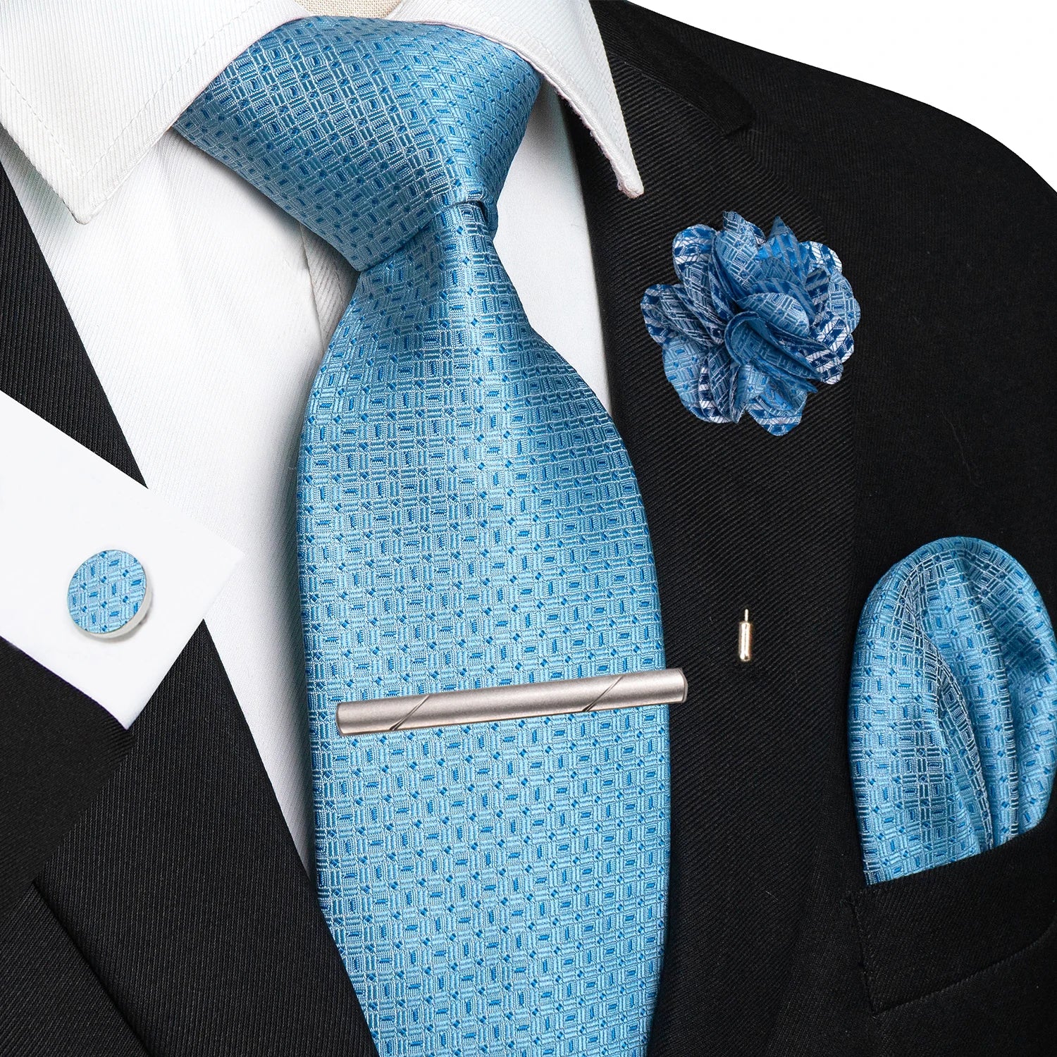Brown Yellow Plaid Silk Tie Set for Men