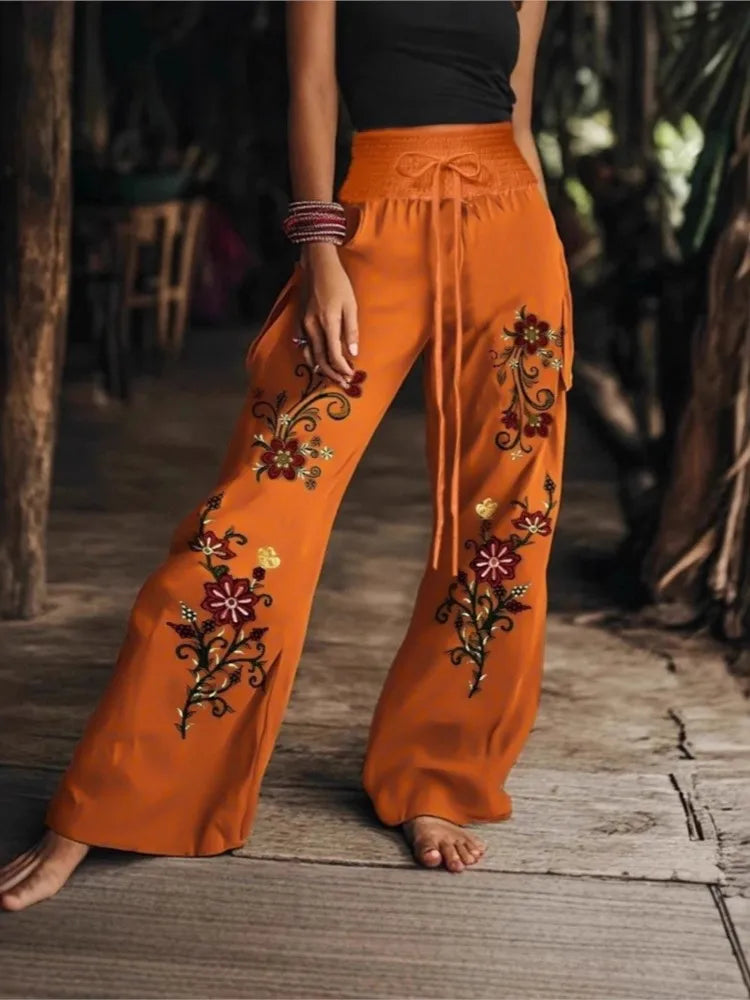 Boho High Waist Lace-Up Wide Leg Pants