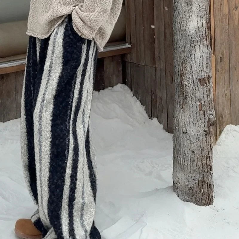 Thickened Winter Retro Lazy Stripe Loose Long Pants