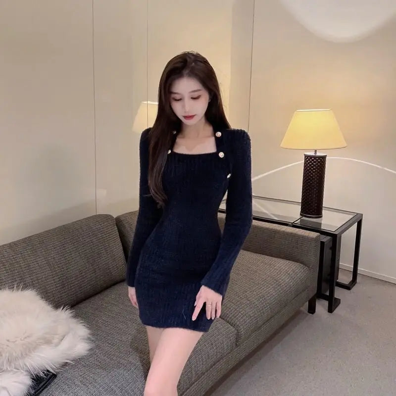 Fashion Korean Autumn Winter  Sexy Bodycon  Wrap  Short Women's Sweater Knitted One-piece Dress