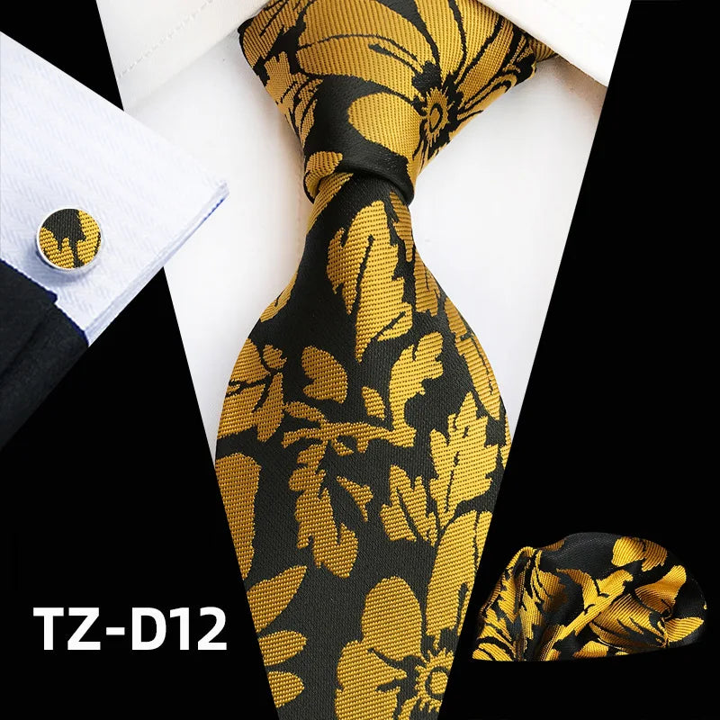 Orange Novelty Ties Plaid Flower Design Wedding Necktie Hanky Cufflinks