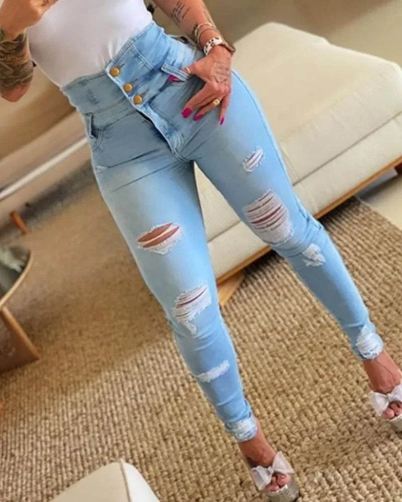 High Waist Casual Long Pant Sheath Denim Trousers