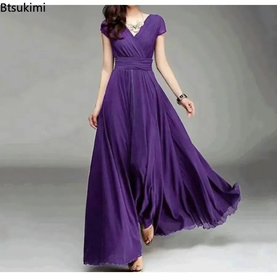 2025 Women's V Neck Short Sleeve Evening Party Dress Temperament Solid Colour Long Cocktail Chiffon High Waist Summer Dresses