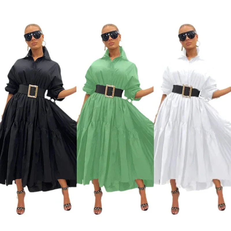 Turn Down Collar Button Vintage Loose  Casual Belt A Line Summer Maxi Dress