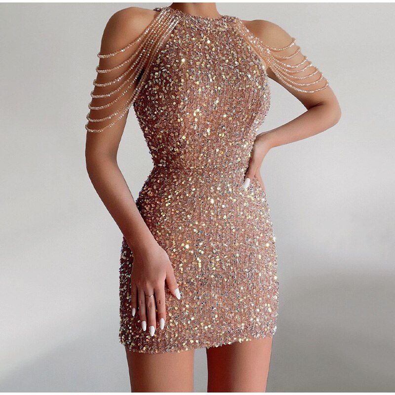 Halter Neck Crystal Tassel Sequin Mini Dress