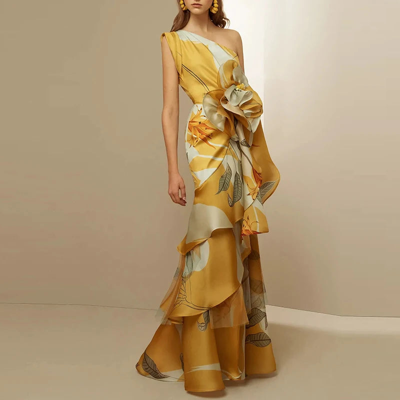 New Party Floral Print Elegant Diagonal Collar Long Dress