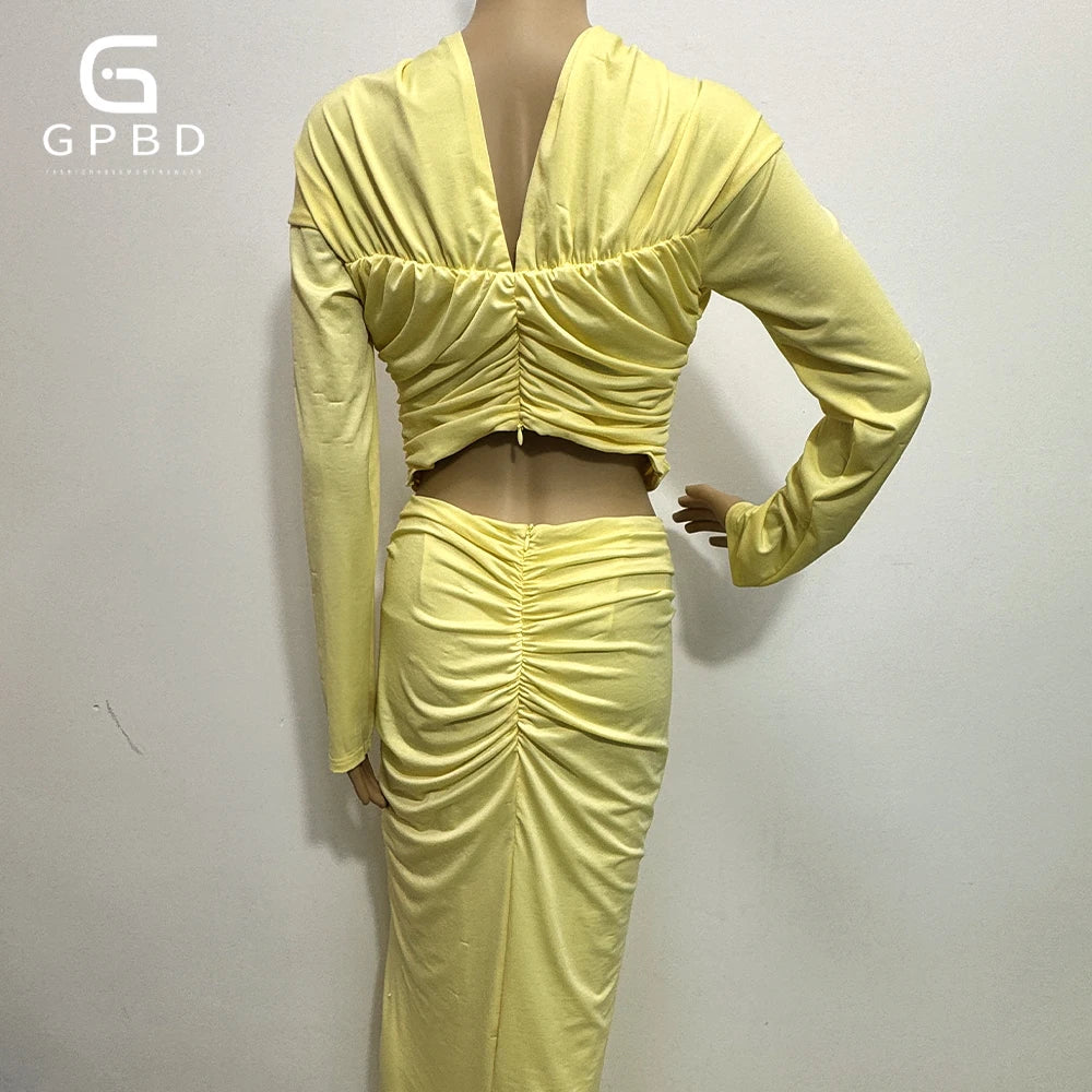 Sexy Long Sleeve Twisted hollow out midriff-baring Slim Two Piece Dress