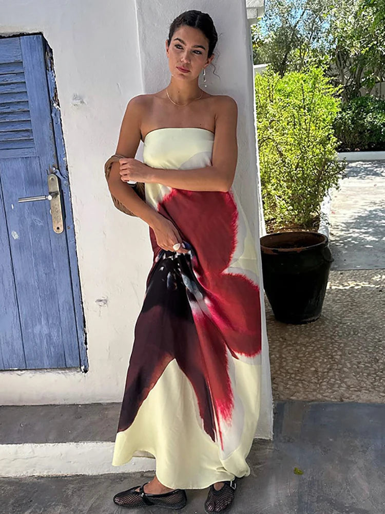 Sexy Strapless Print Floral Belt Maxi Dress