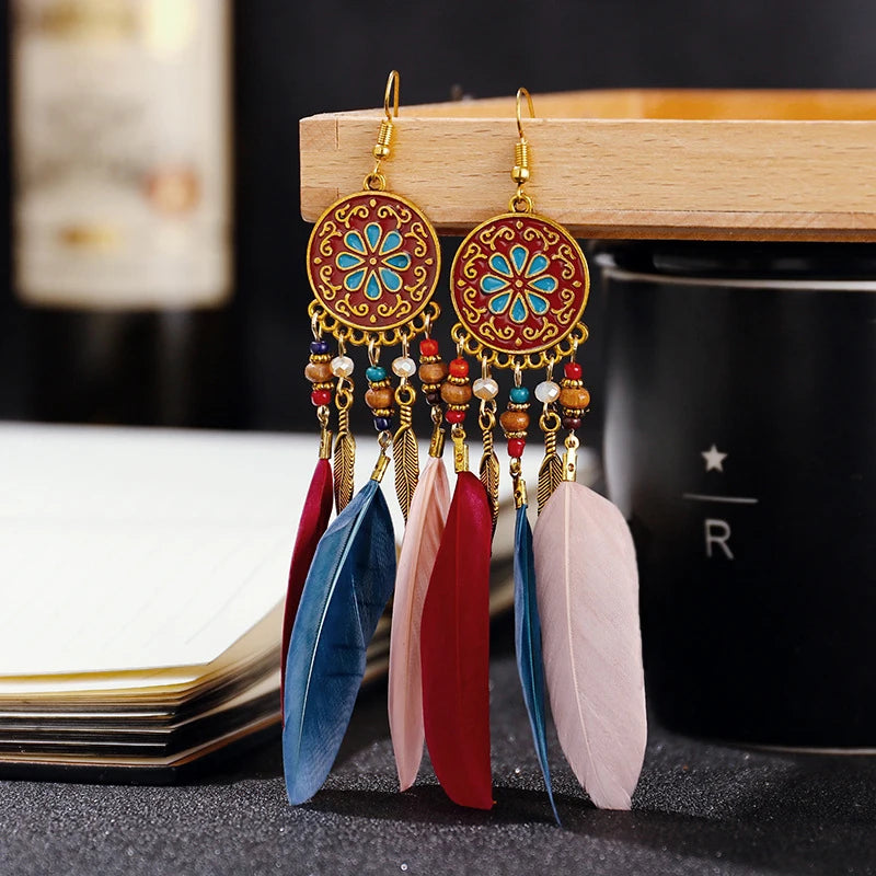 Boho Long Feather Dangle Earrings – Handmade Tassel & Enamel Flower Statement Jewelry for Women