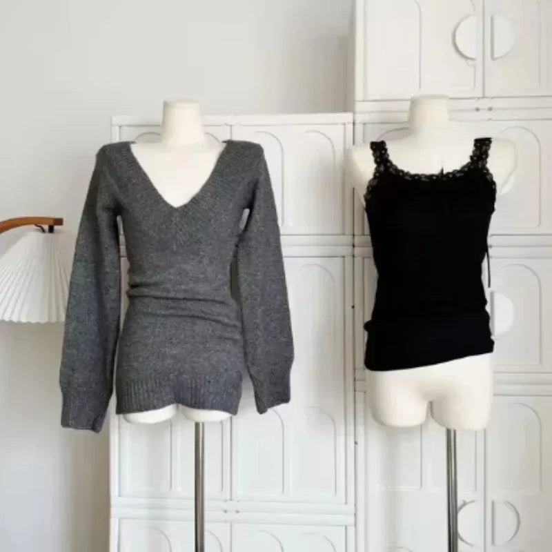 Autumn Winter  V-neck French Vintage Sweater Long Sleeve Pullovers Knitwears