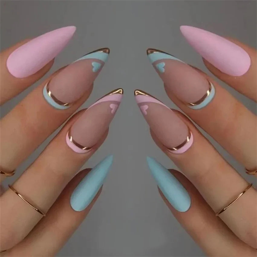 24Pcs/Set Long French Heart Gold Thread Fake Nails
