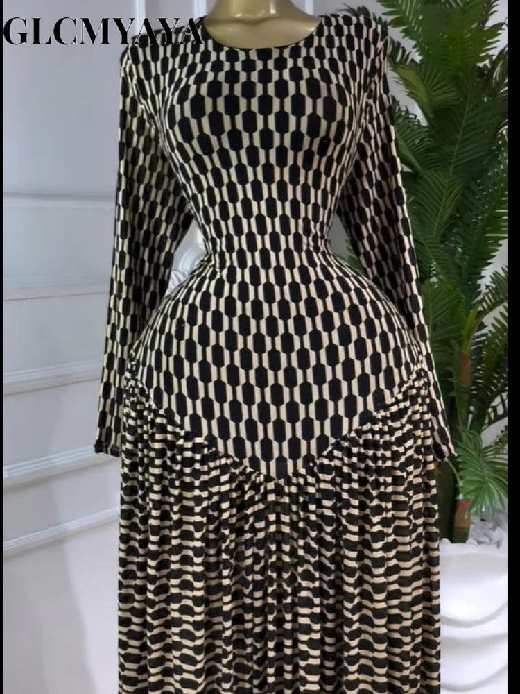 Plaid Round Neckline Long Sleeve Fit and Flare Long Maxi Dress