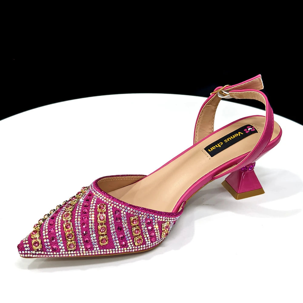 Shiny Italian Fashion Pointed Toe Heels & Rhinestone Bag Set