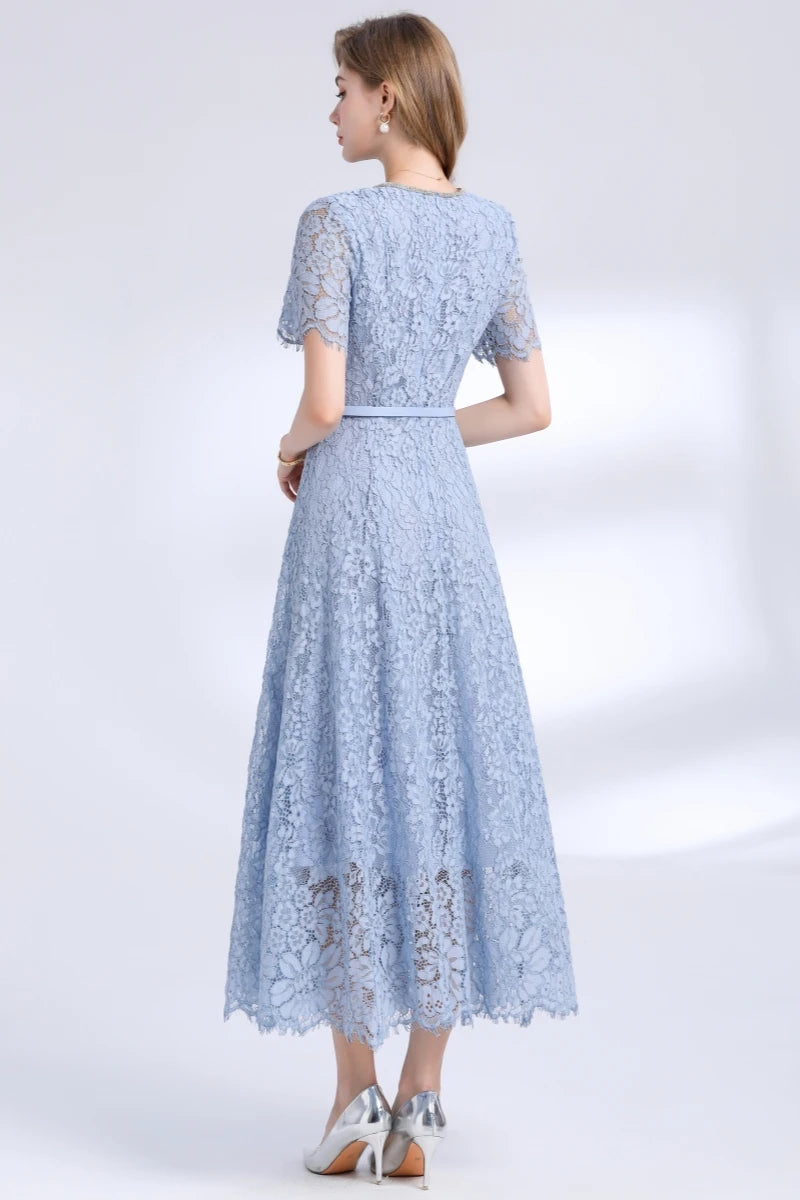 Lace Midi Dress with Belt – Luxury Office & Cocktail Essential