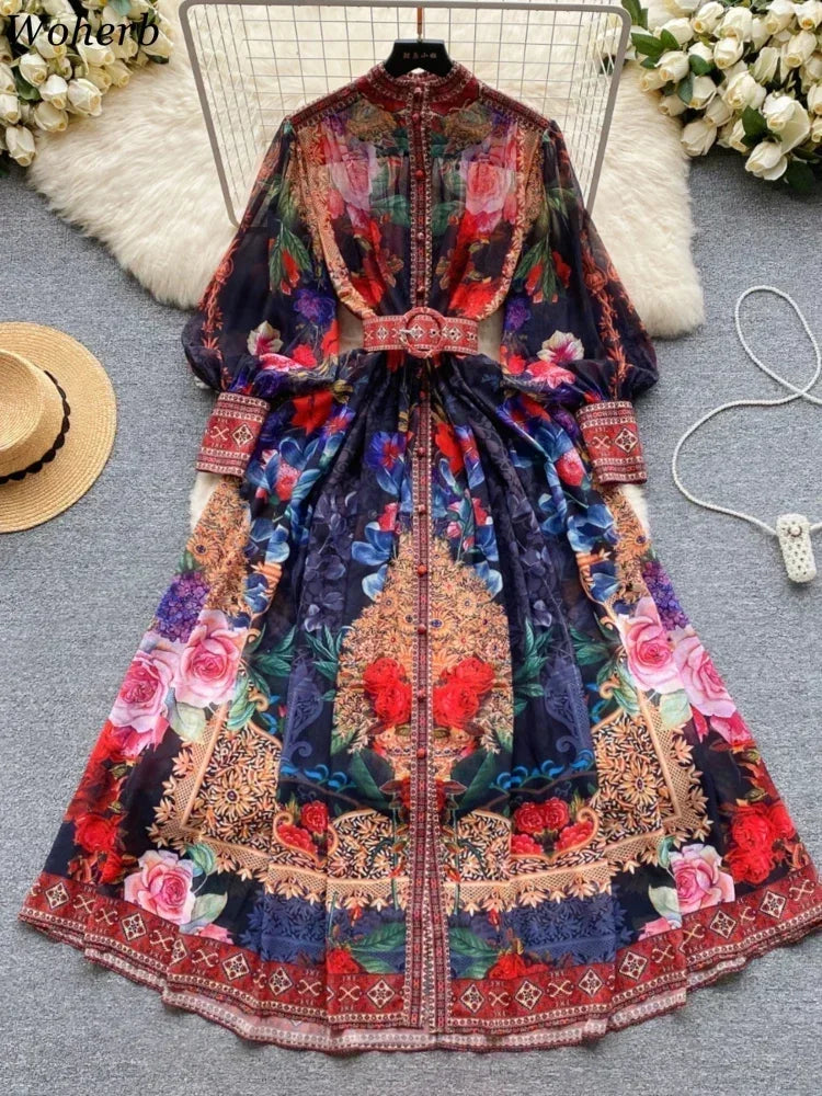 Elegant Lantern Sleeve Single-breasted Dress