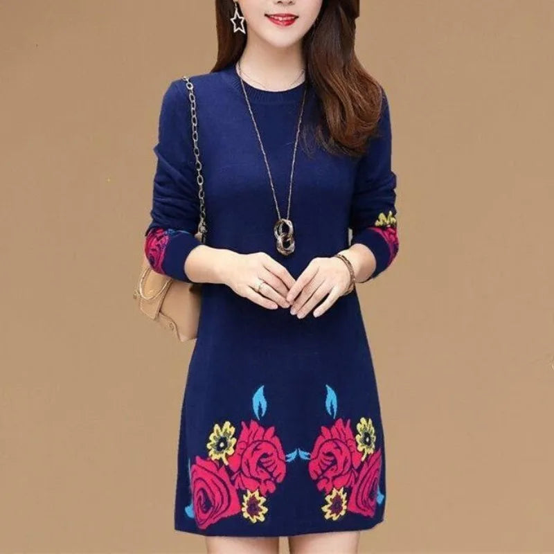 Autumn and Winter  Round Neck Long Sleeve Slim Pullover Plus Size Midi Underlay Printing Dress
