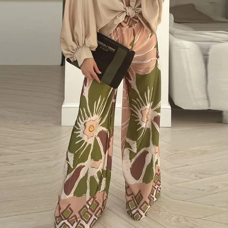 All Season Loose Casual Mid Waist Print Long Pants