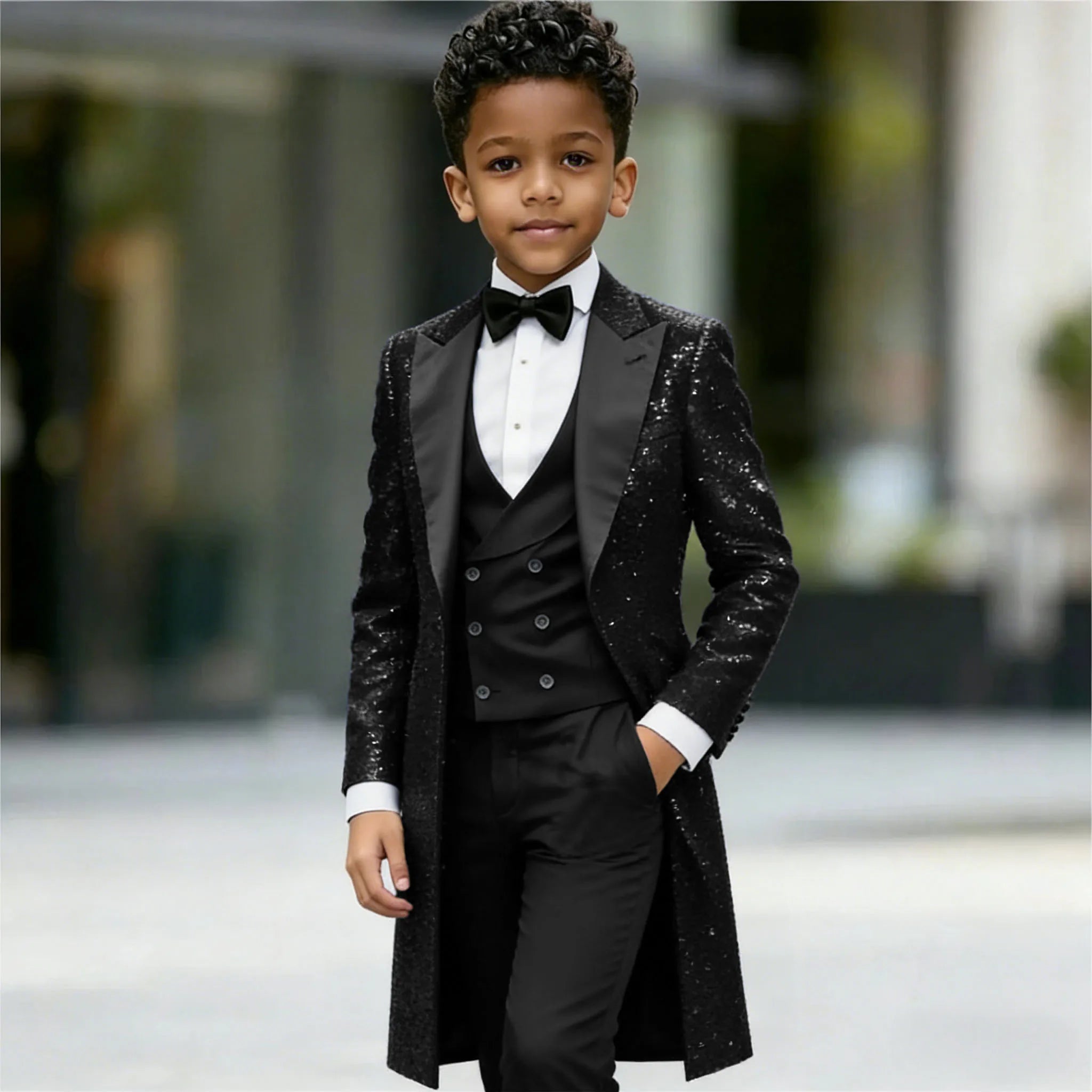 Navy Blue Sequin Boys 3‑Piece Wedding Tuxedo Set – Long Tailcoat, Vest & Pants