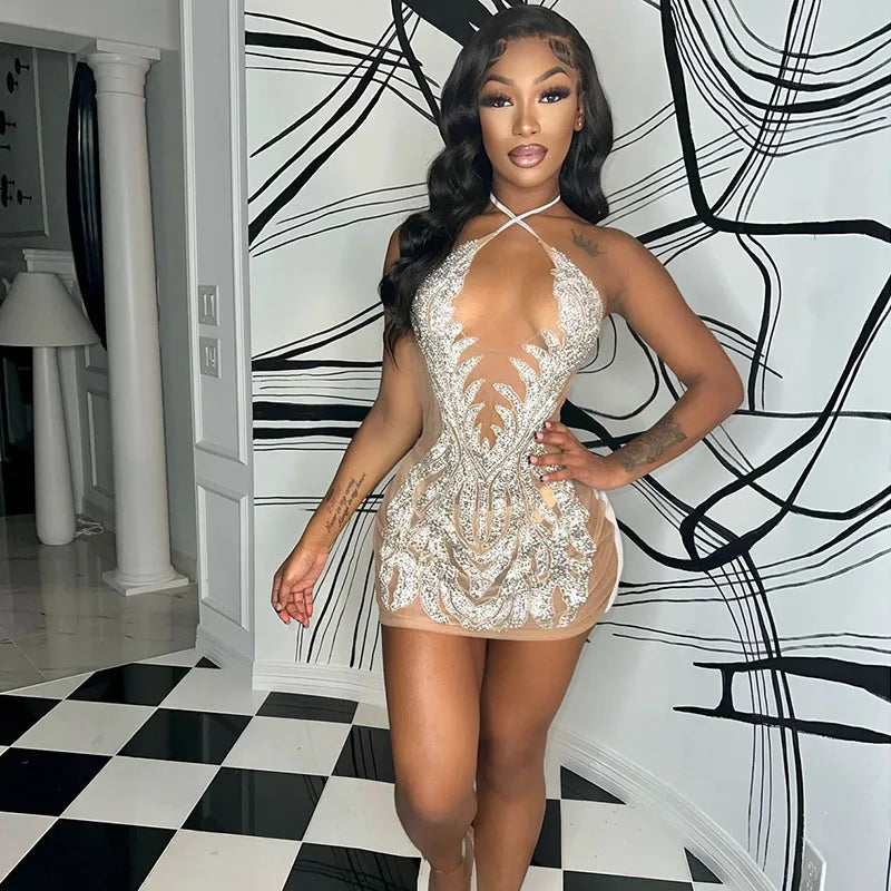 Mesh See Through Halter V-neck Backless Sexy Bodycon Mini Dress