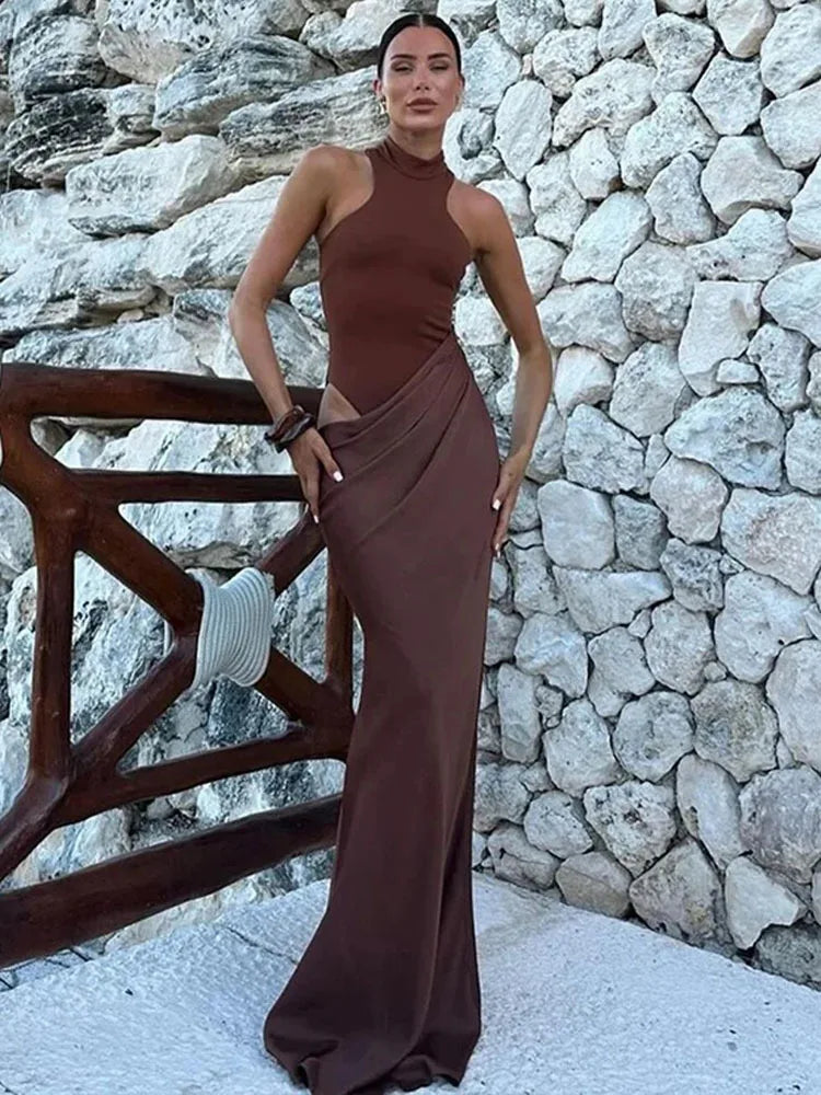 Satin Sexy Sleeveless High Waist  Hollow Out Maxi Dress
