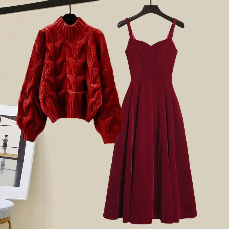 Autumn and Winter  Robe Red Sweater+Temperament Dress Two Piece Set