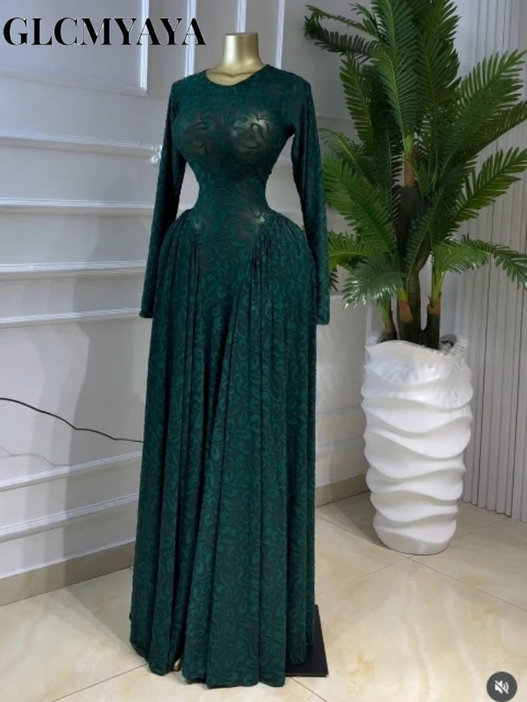 O-neck Long Sleeve Big Swing Pleated Maxi Dress