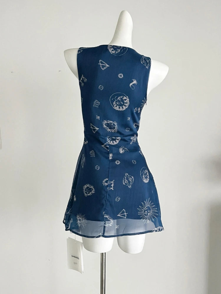 Elegant Vintage Original Design Print V-Neck Hollow Out Party Dress