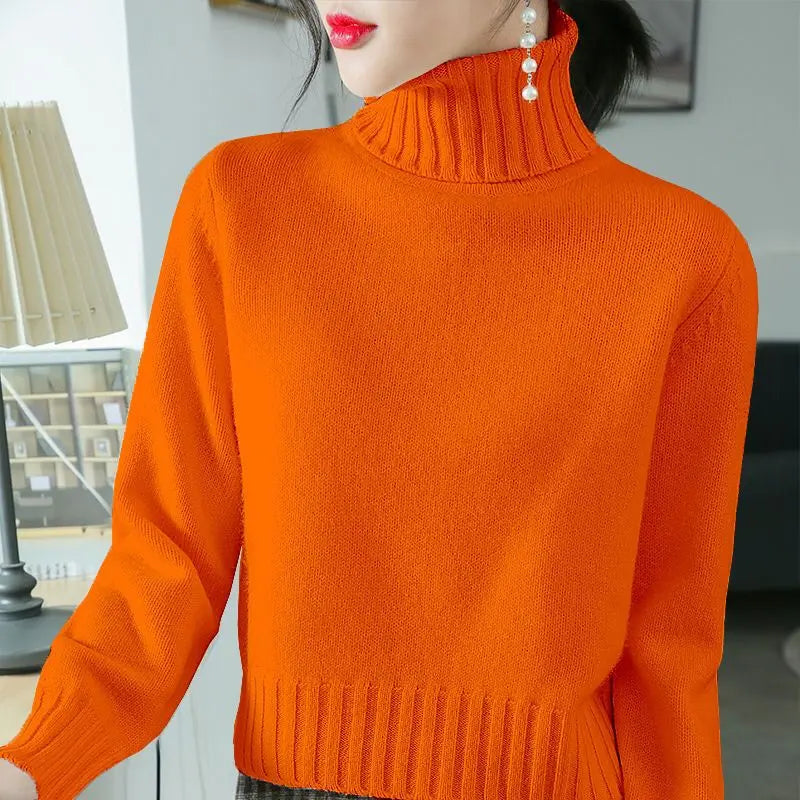 Fashion Turtleneck Knitted Solid Color All-match Sweater Women's Clothing Autumn New Casual Pullovers Loose Korean Tops