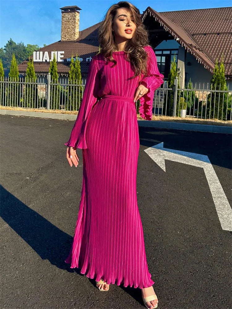 Long Sleeve Ruffled Lace-Up Ribbed Maxi Dress