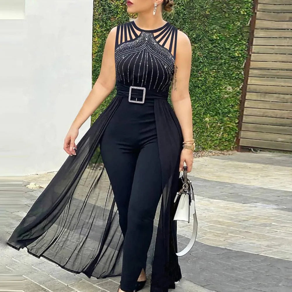 Sexy Sleeveless Jumpsuit, Elegant Hot Rhinestone Mesh Top
