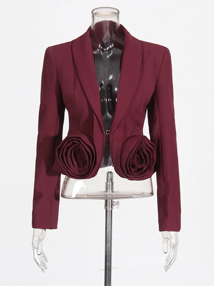 Solid Burgundy Lapel Long Sleeve Spliced Appliques Coats High Waist A Line Skirt Set